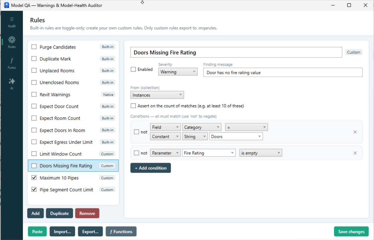 The Model QA rule editor, with built-in and custom rules listed