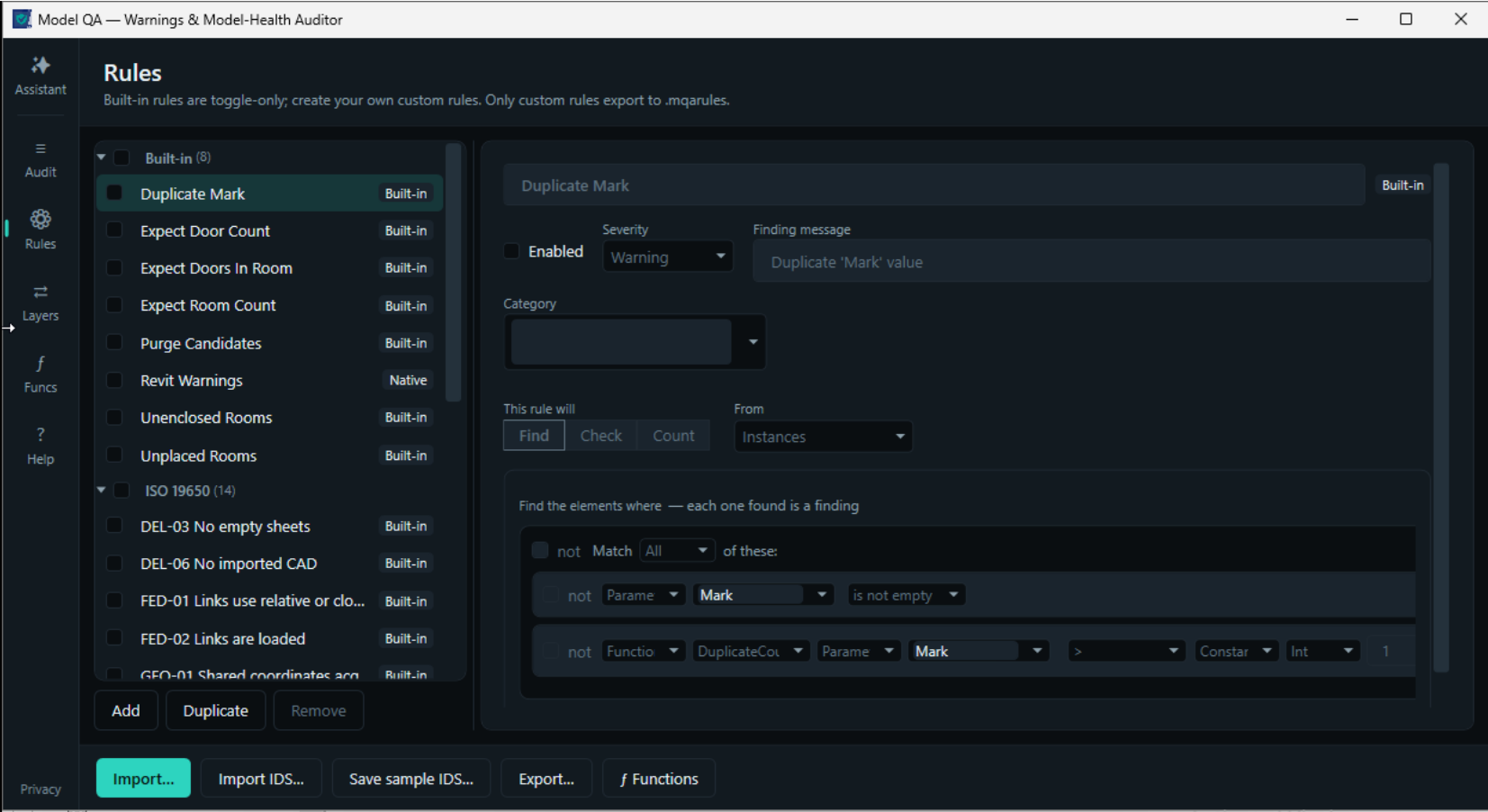 The Model QA rule editor, with built-in and custom rules listed