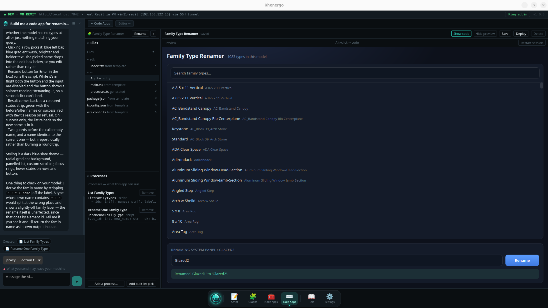 A Code App running in preview inside Rhenergo