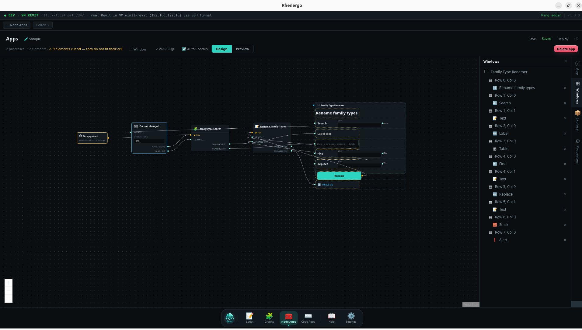 The same Node App on the design canvas, its controls wired to processes